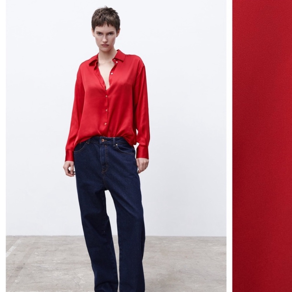 Zara Red Satin Effect Blouse/Shirt. Size M